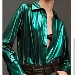 Anthropologie L Green Blouse Anthropologie The Gillian Liquid Shine Button-down